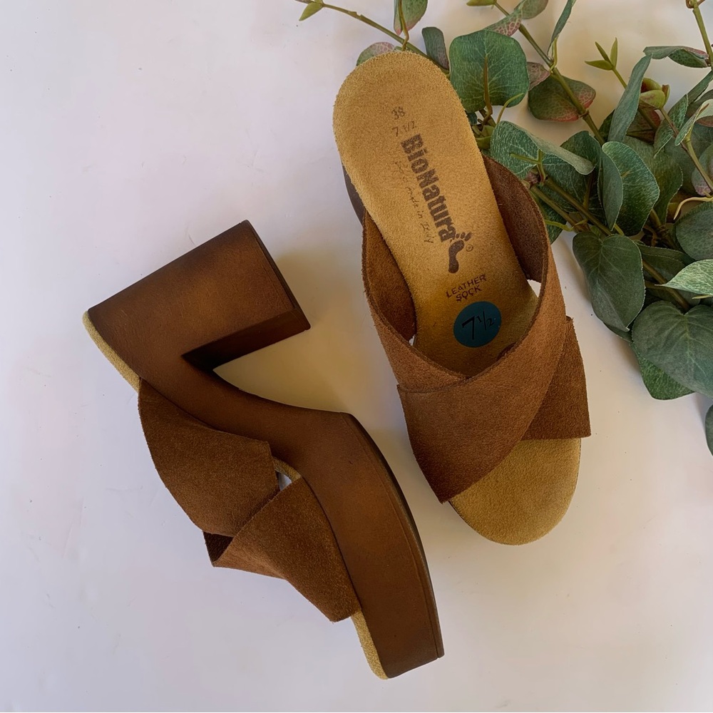 BioNatura Suede Leather Block Heel Platform Sandals Brown